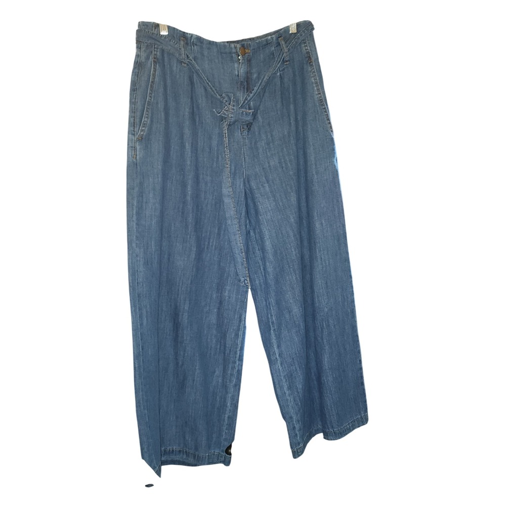 MIOU MUSE Wide Leg Denim Jeans High Rise Cropped Blue Size L